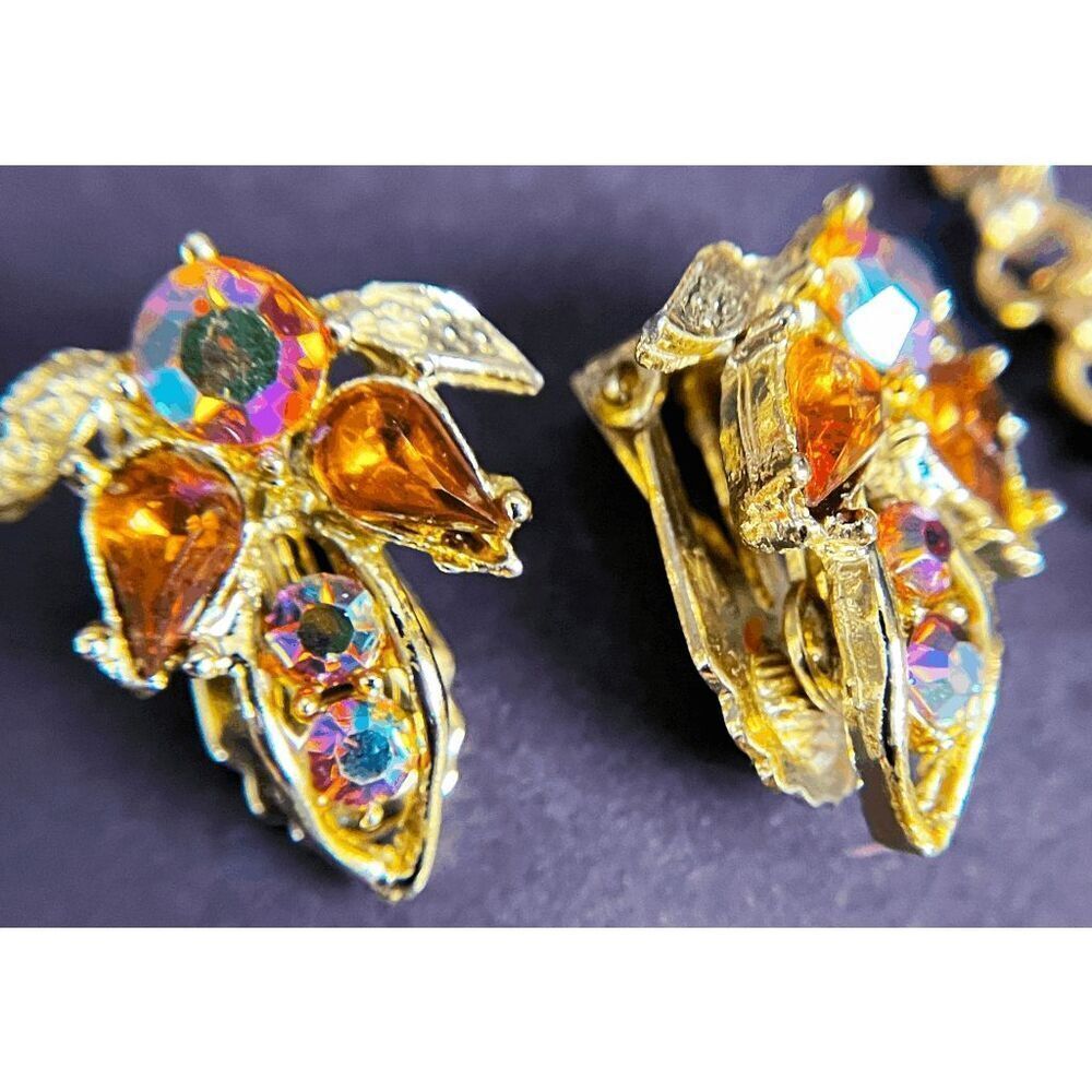 Vintage Demi Parure 50s Rhinestone Necklace & Clips Earrings AB Crystal